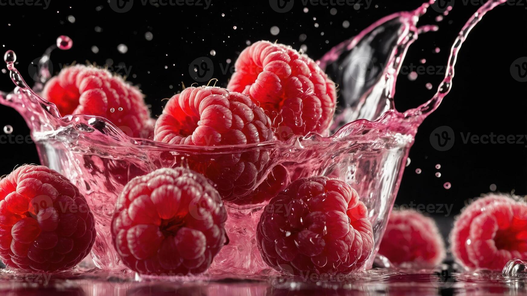 Fresh raspberries splashing into water, highlighting their vibrant color and texture. photo