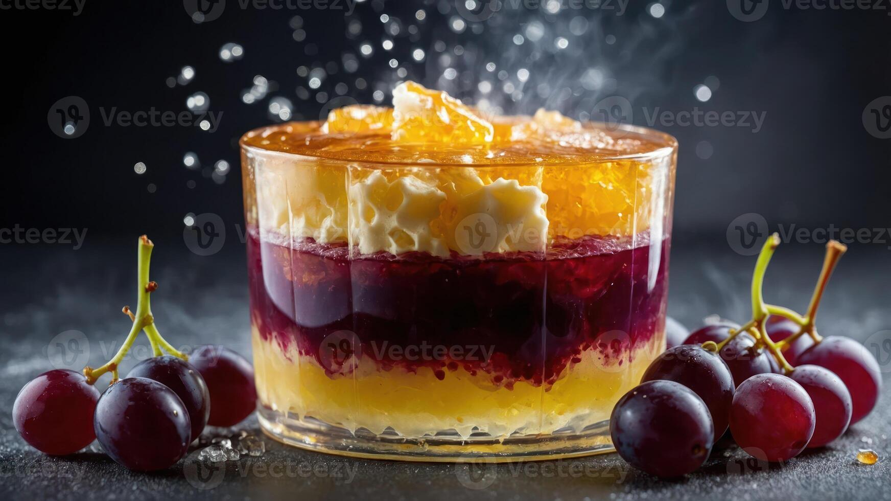 A colorful layered dessert in a glass, garnished with grapes, showcasing culinary art. photo