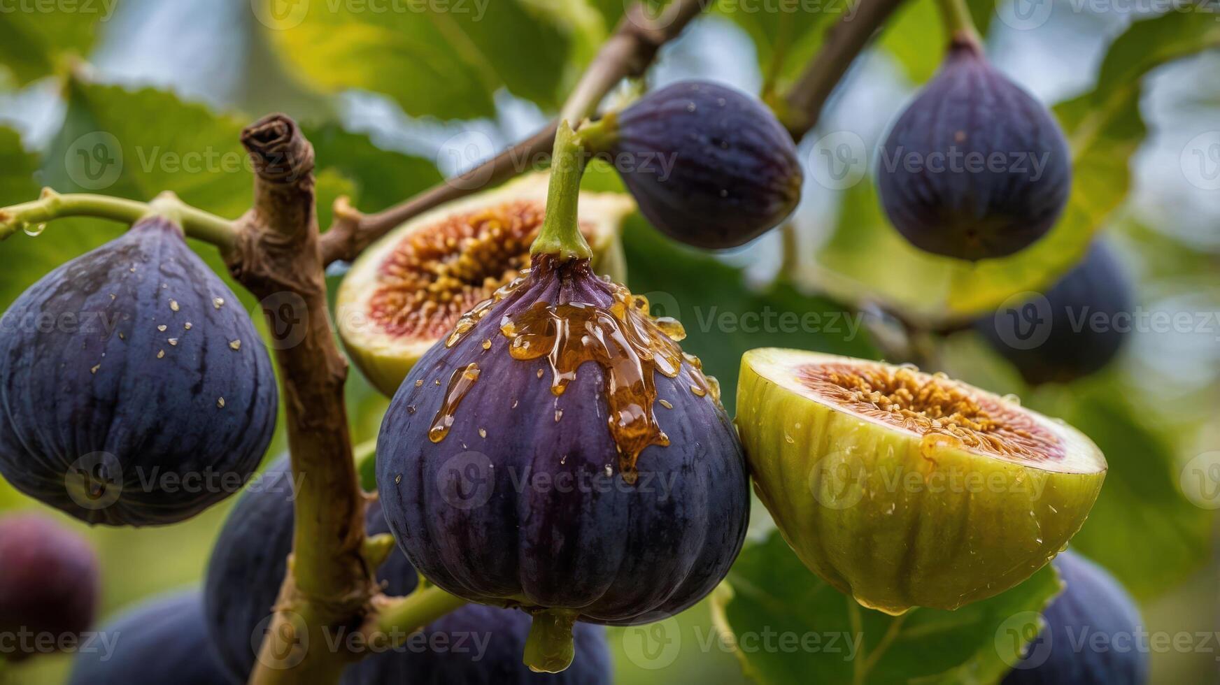 A close-up of ripe figs on a branch, showcasing their vibrant colors and textures. photo