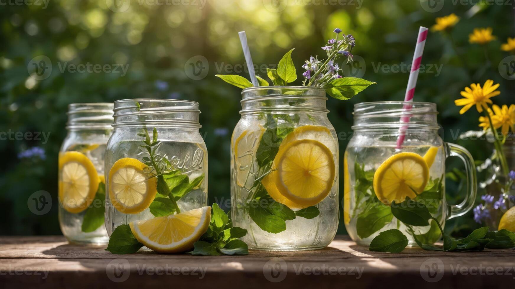 Refreshing lemonade drinks with lemon slices and mint in mason jars, set outdoors. photo