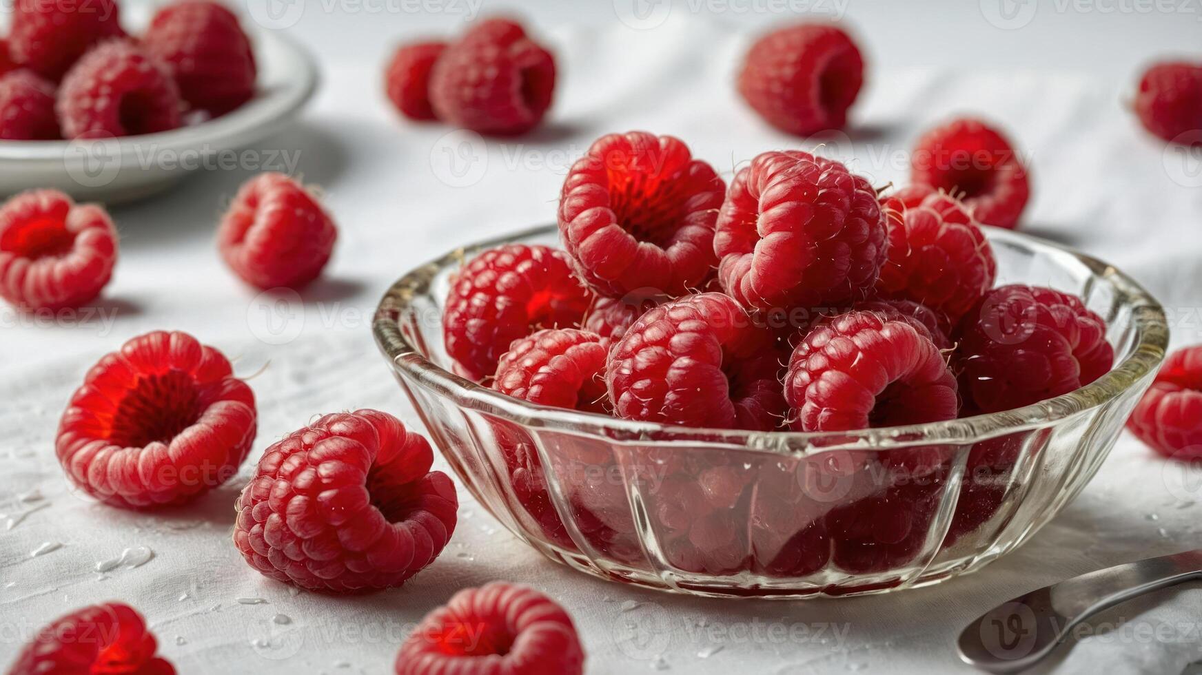 A bowl of fresh raspberries on a white cloth, highlighting their vibrant color and texture. photo