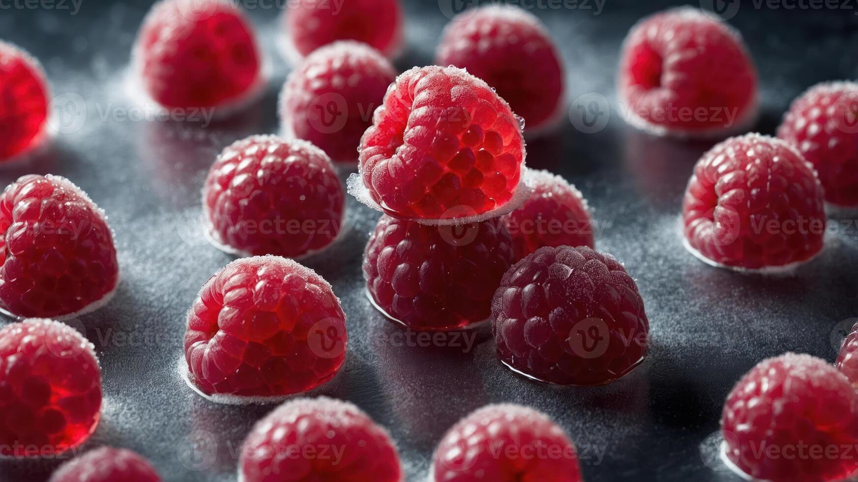 A close-up of fresh raspberries on a reflective surface, showcasing their texture and color. photo