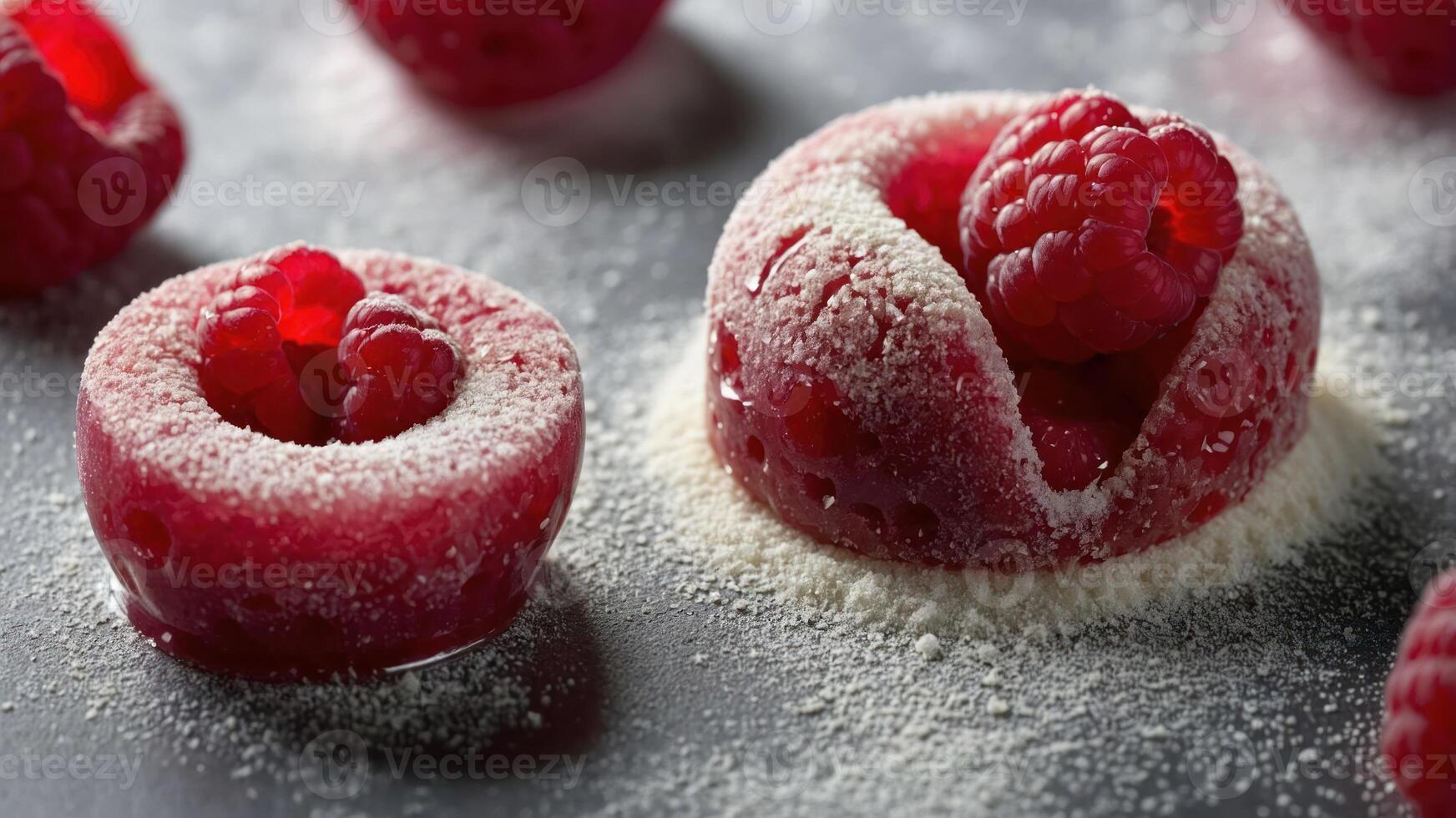 A close-up of raspberry candies dusted with powdered sugar, showcasing their texture and color. photo