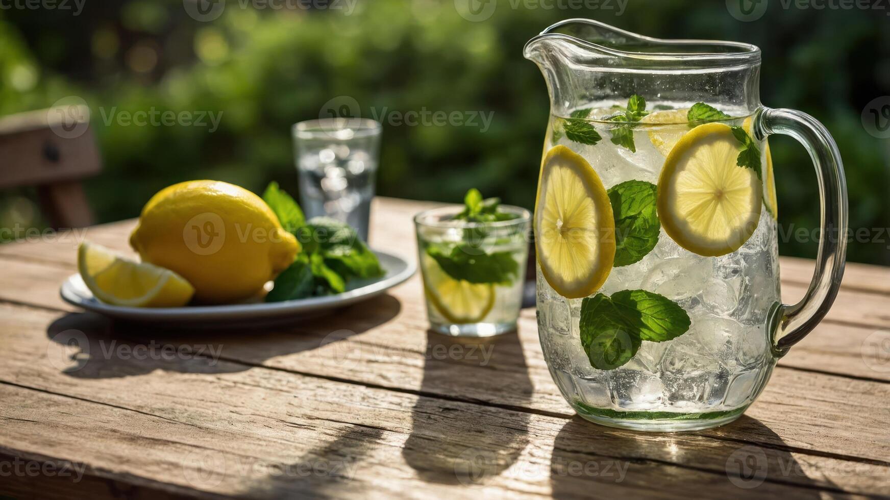 Refreshing lemonade with mint and lemon slices on a wooden table. photo
