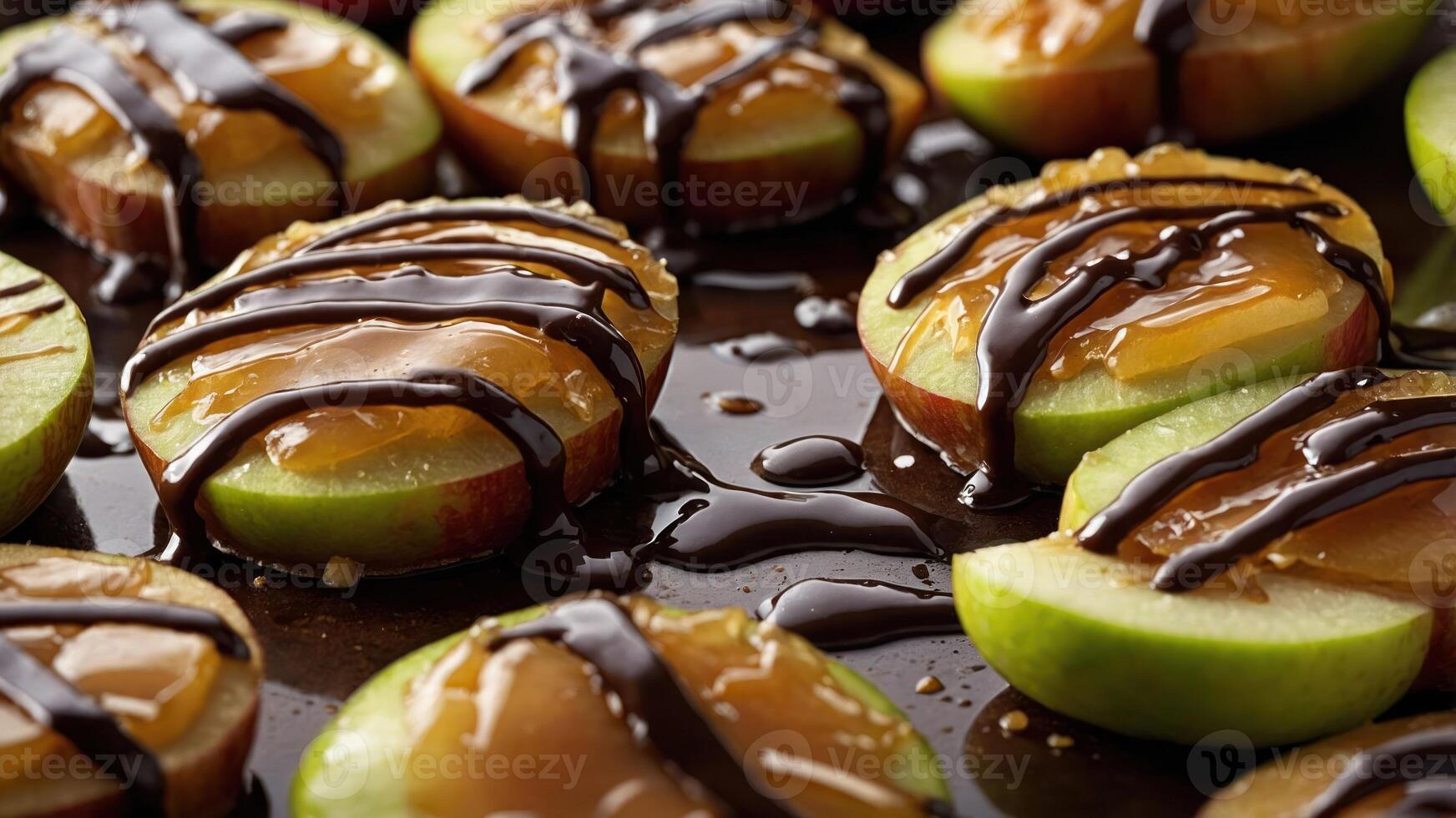 Sliced apples topped with caramel and chocolate drizzle, perfect for a sweet treat. photo