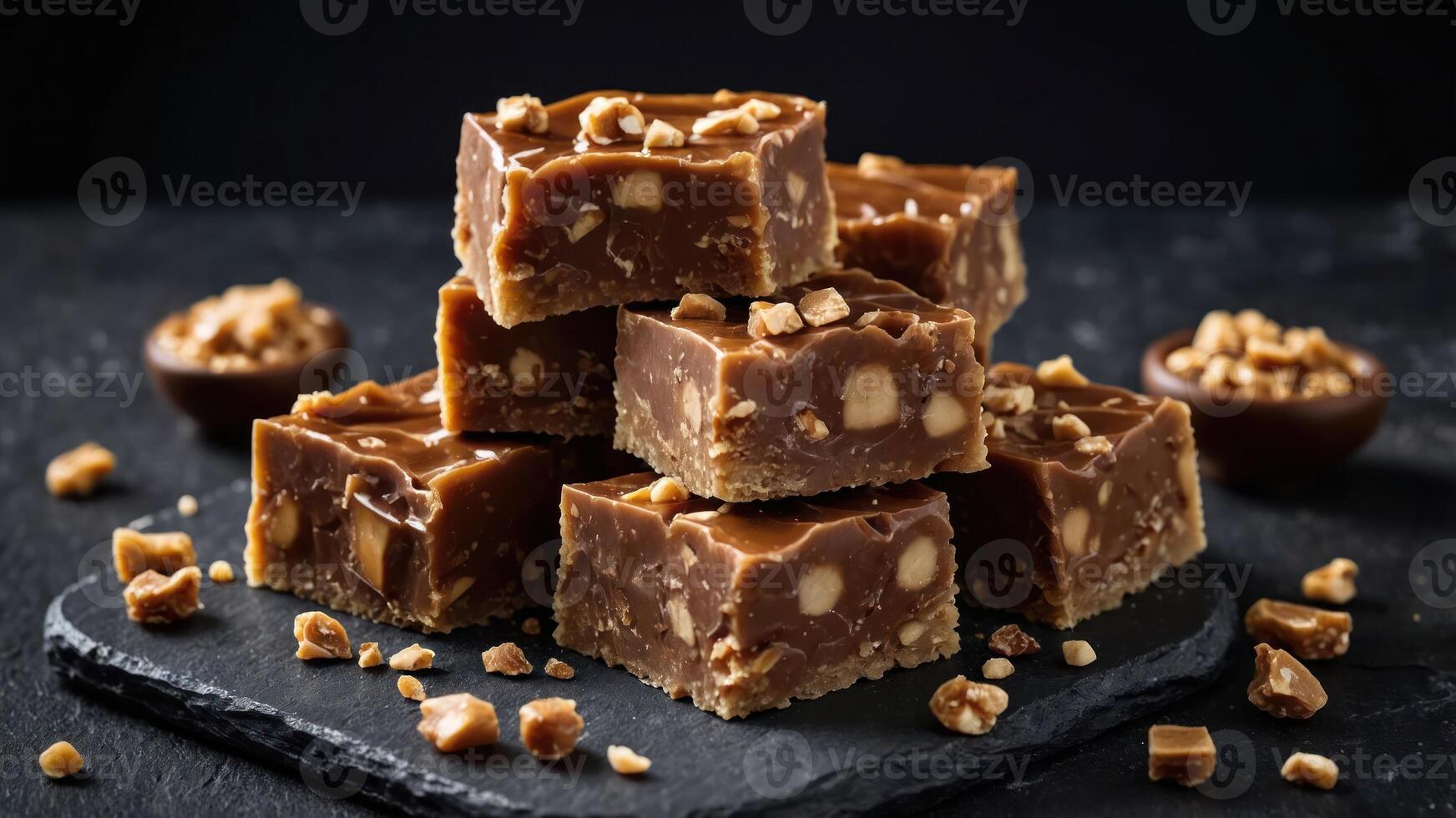 A stack of delicious caramel fudge topped with crunchy bits, presented on a dark slate. photo