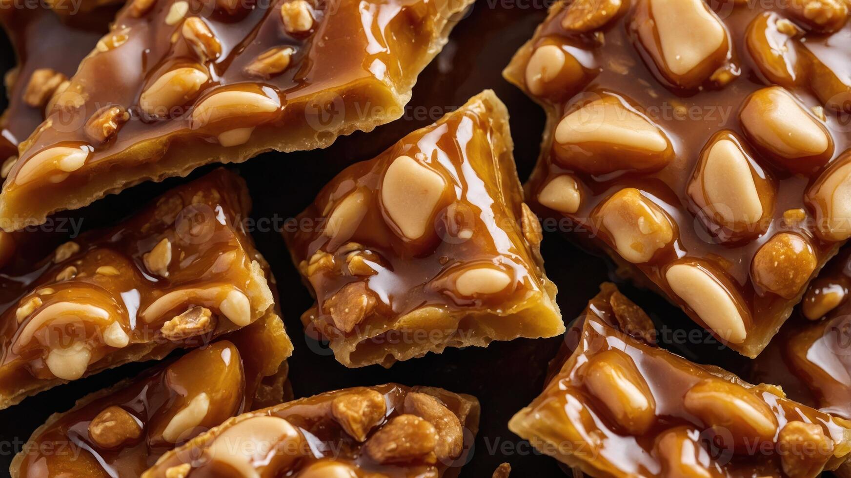 A close-up of delicious caramel nut candy pieces, highlighting their texture and sweetness. photo
