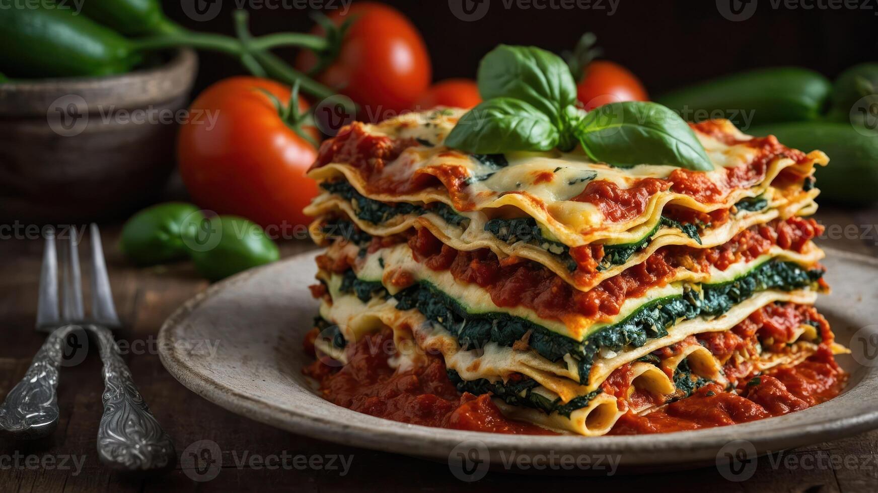 A delicious stack of lasagna with spinach, cheese, and tomato sauce, garnished with basil. photo