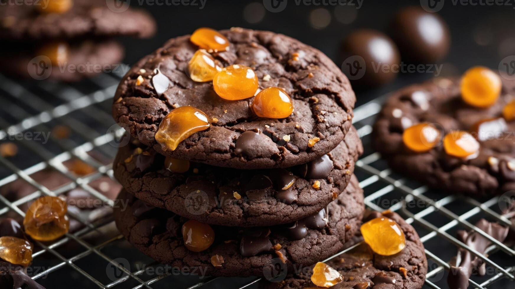 A stack of chocolate cookies topped with golden candies on a cooling rack. photo