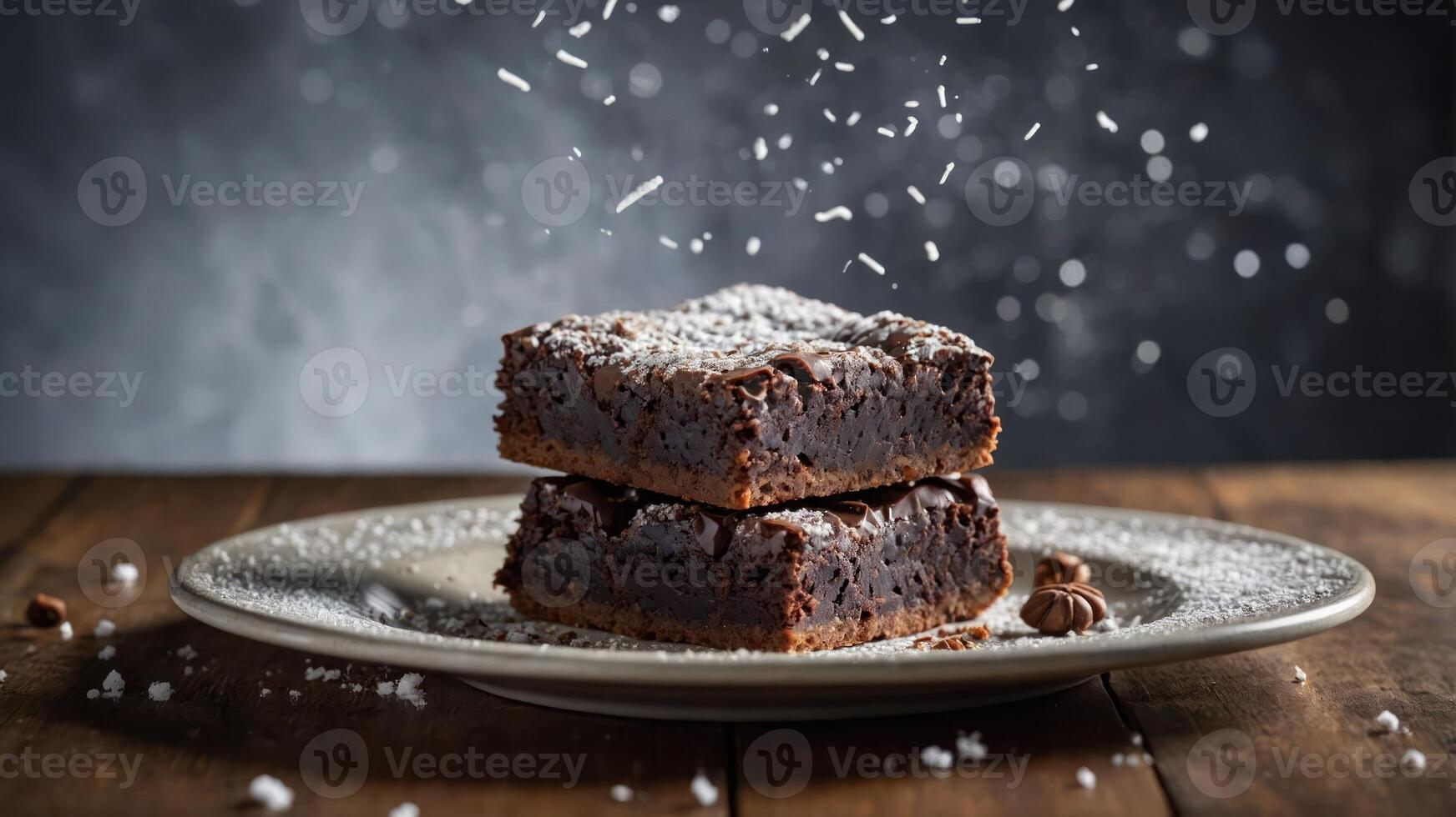 A delicious stack of brownies dusted with powdered sugar on a rustic plate. photo