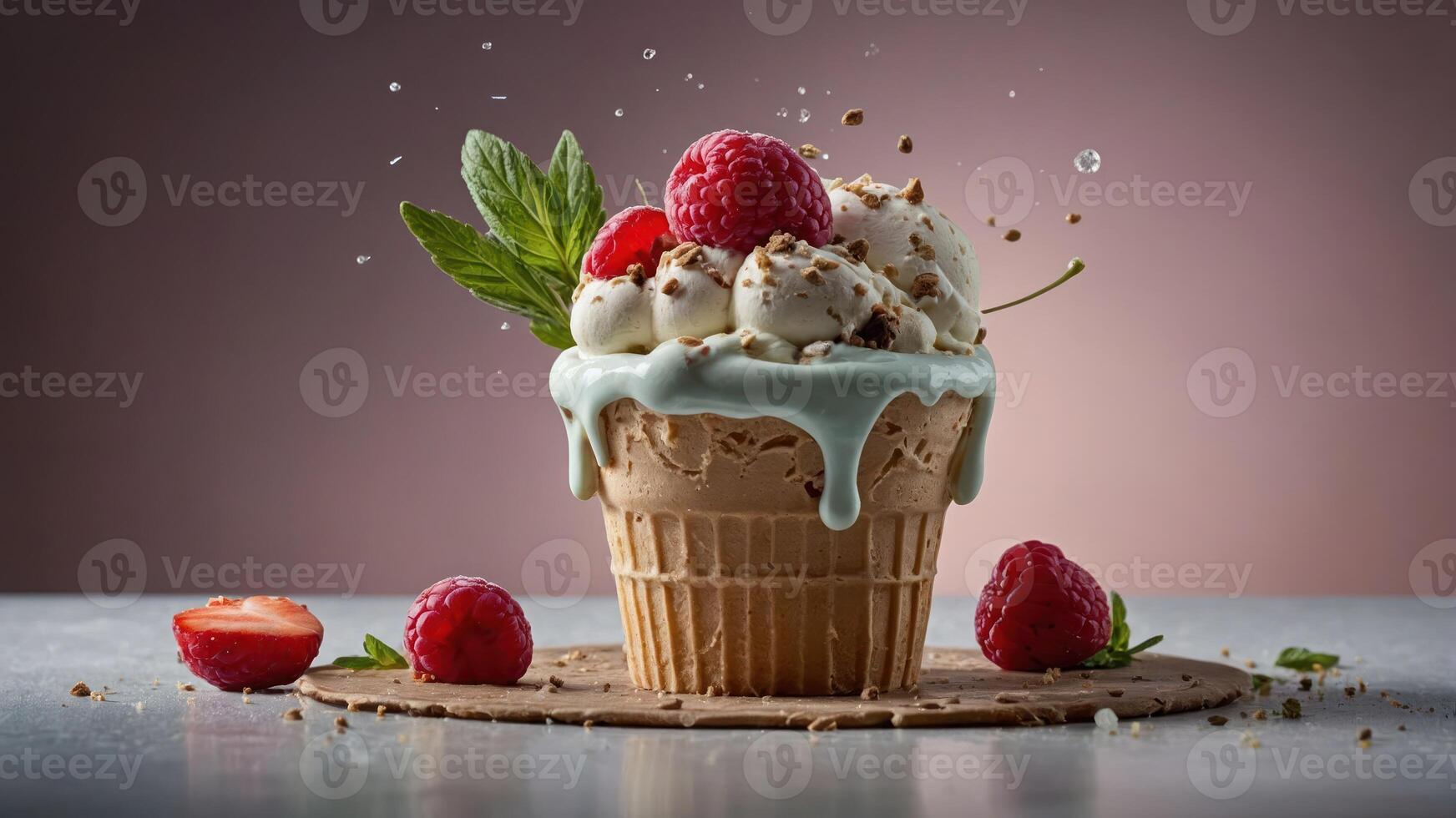 A delicious ice cream cone topped with whipped cream, raspberries, and mint leaves. photo