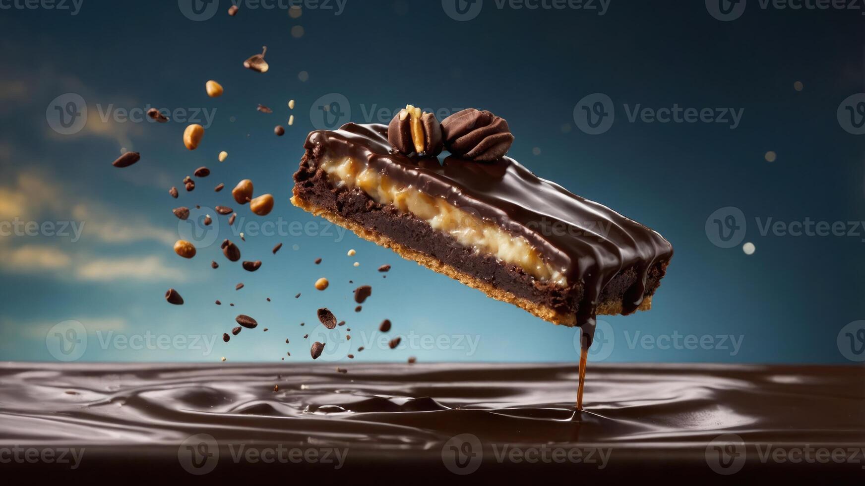A chocolate bar with layers of caramel and nuts, suspended above a glossy chocolate surface. photo