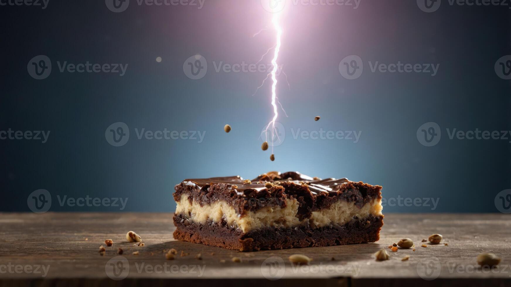 A decadent brownie with a lightning effect above, emphasizing its deliciousness. photo
