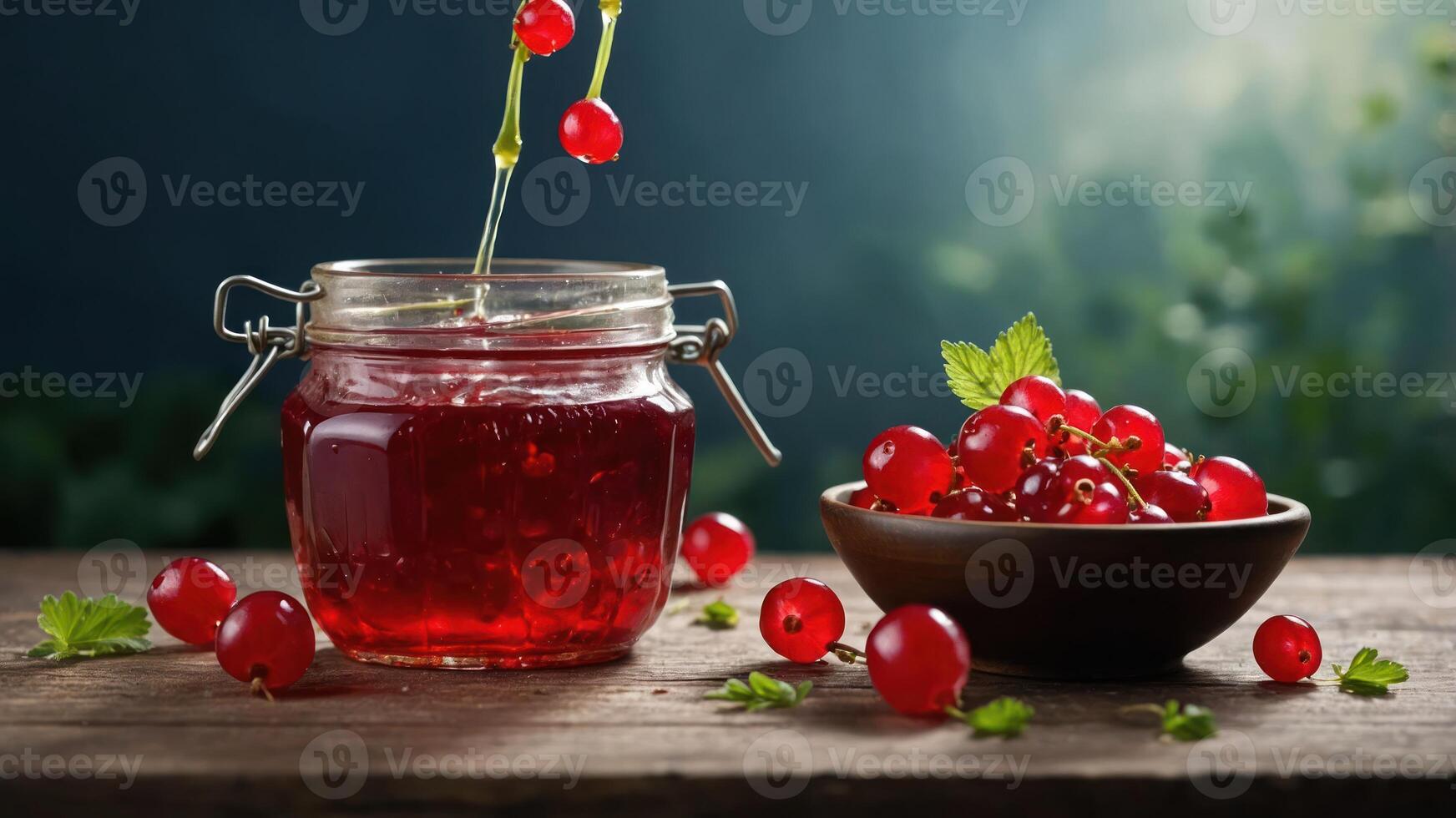 A jar of red currant jam with fresh currants beside it, set on a wooden table. photo