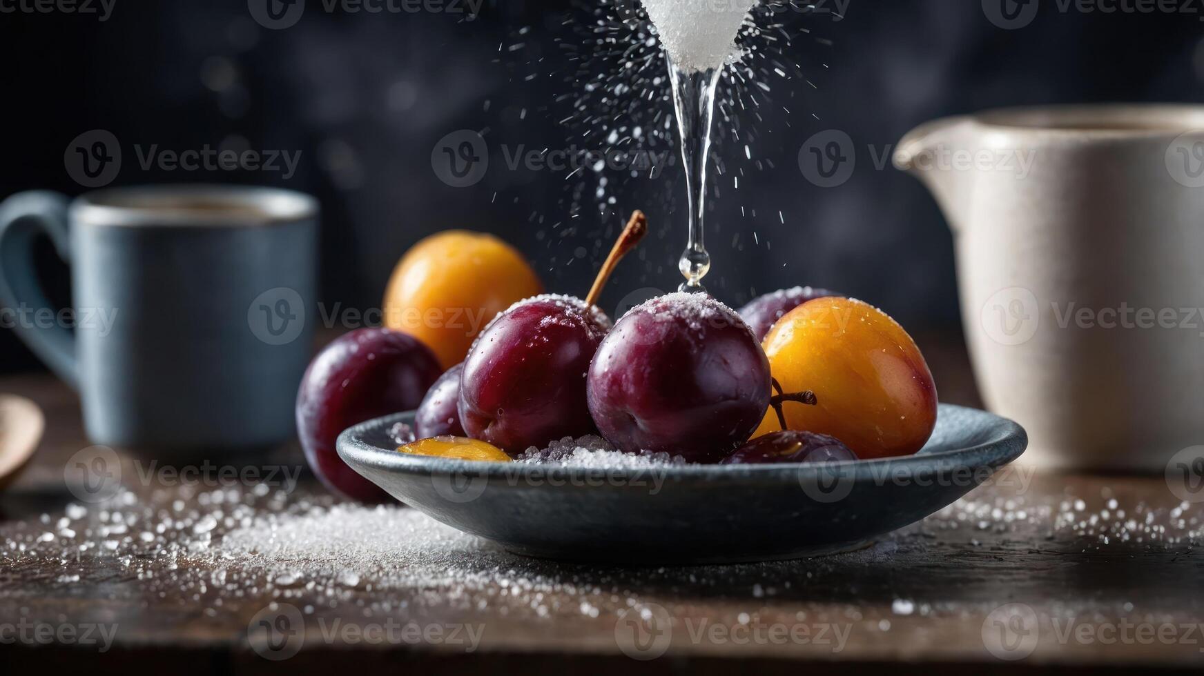 A bowl of plums and apricots with sugar being sprinkled, creating a culinary scene. photo