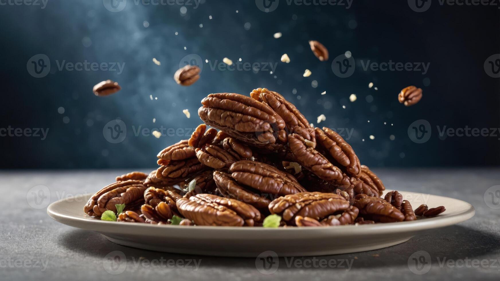 A pile of pecan nuts with some scattered pieces on a plate, highlighting their texture and shine. photo