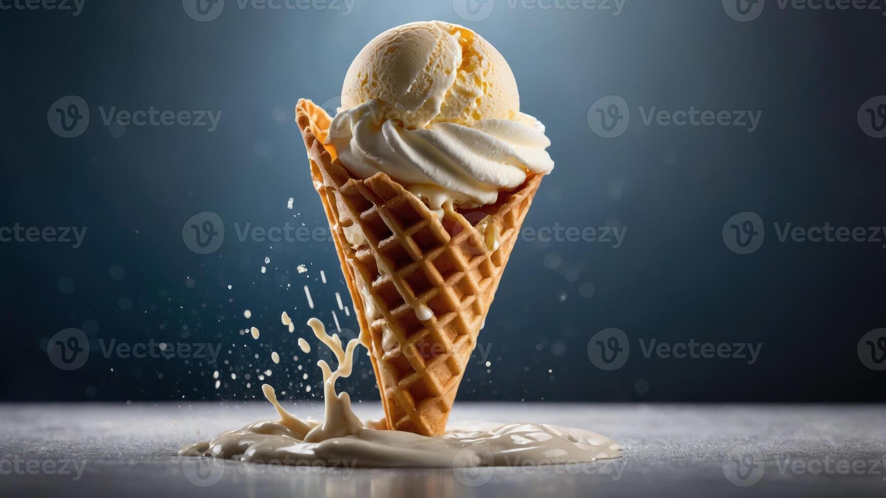 A melting ice cream cone with a scoop on top, creating a playful and appetizing scene. photo