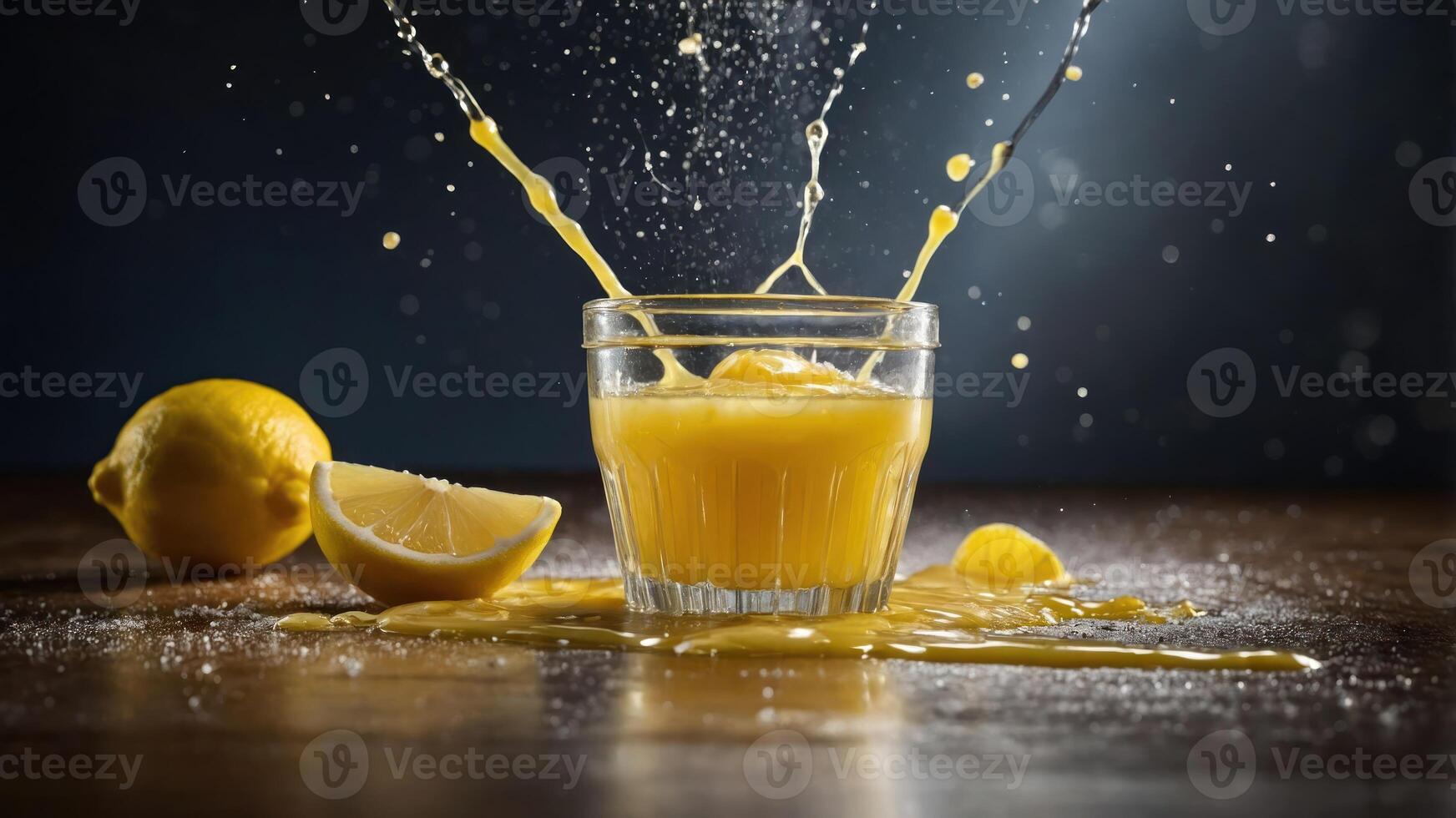 A splash of lemon juice in a glass, surrounded by fresh lemons on a wooden surface. photo