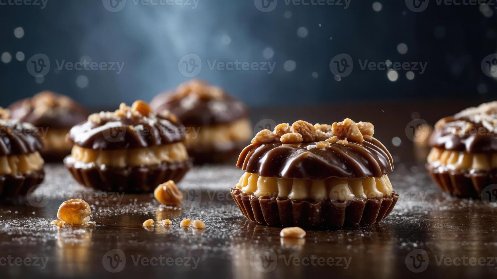 A close-up of chocolate desserts topped with nuts, showcasing a delicious treat. photo