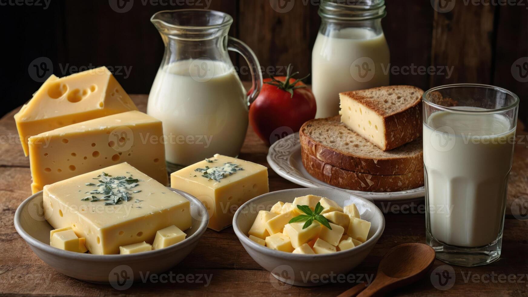 A rustic display of various dairy products, including cheese, milk, and bread. photo