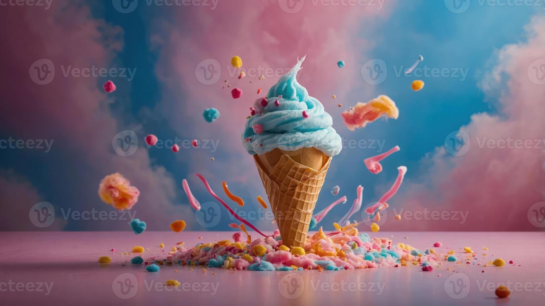 A colorful ice cream cone with splashes and cotton candy, evoking fun and indulgence. photo