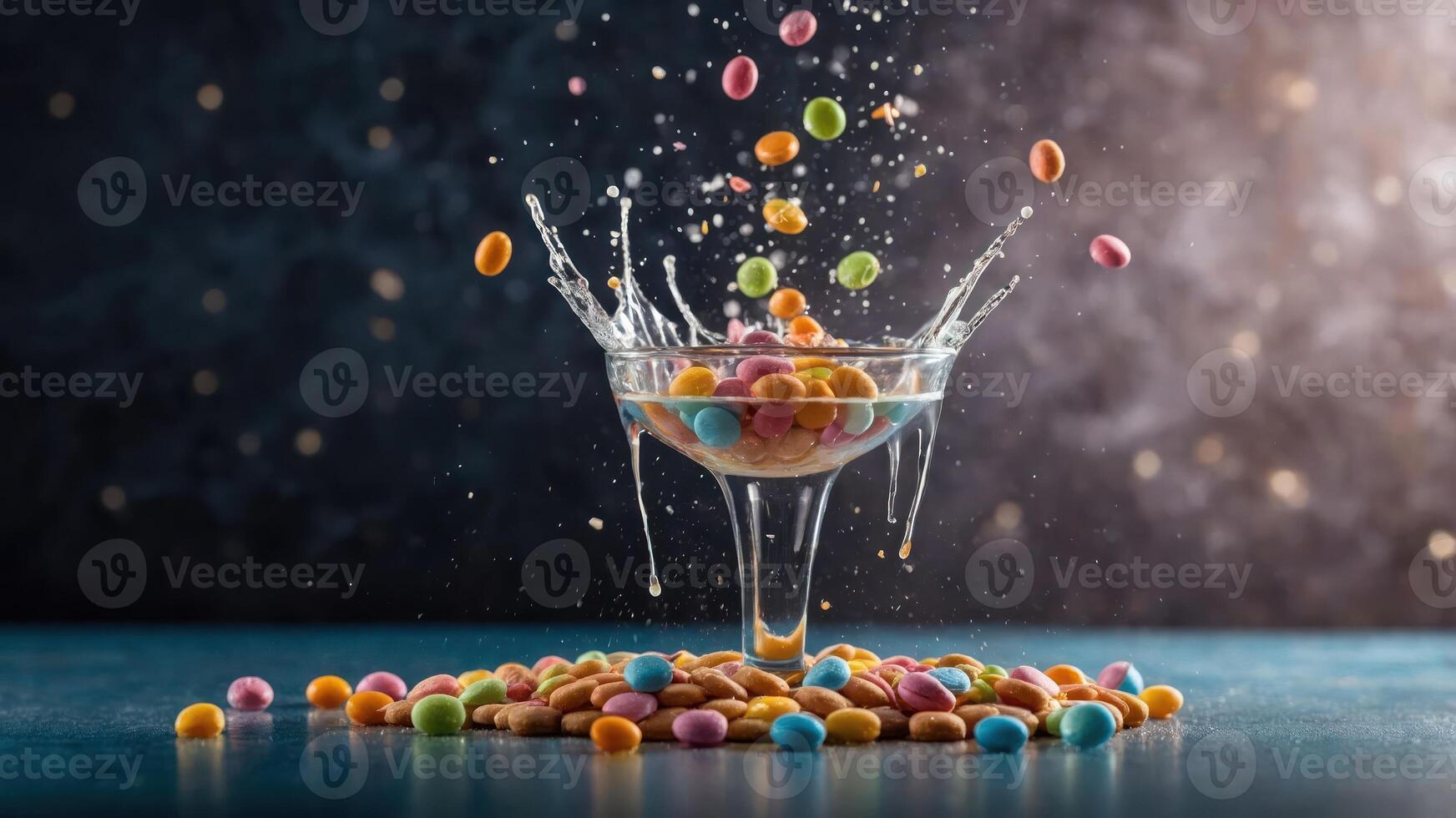 Colorful candies splashing into a glass, creating a vibrant and playful scene. photo