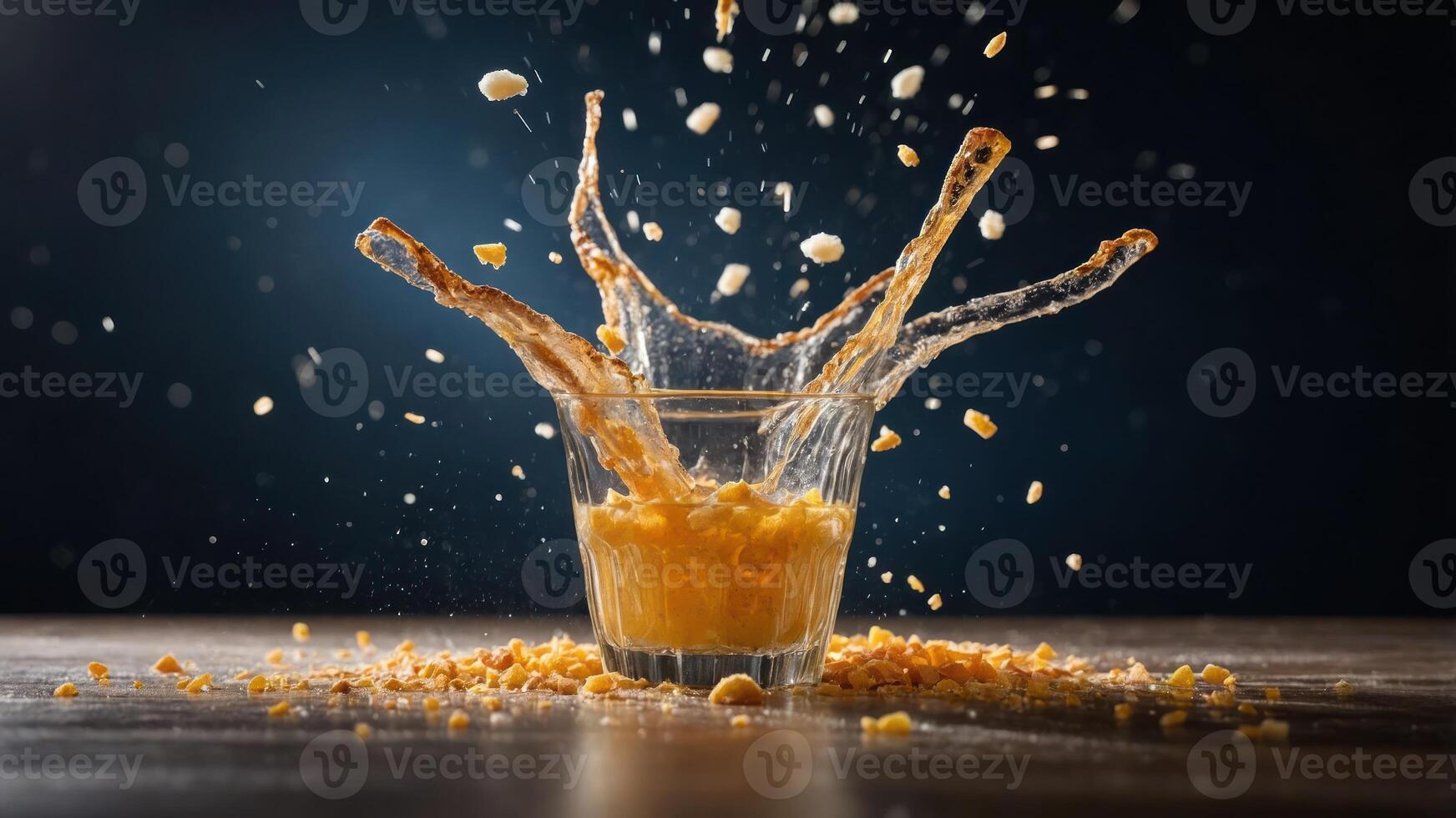 A glass splashes orange liquid with particles around, capturing a dynamic moment. photo