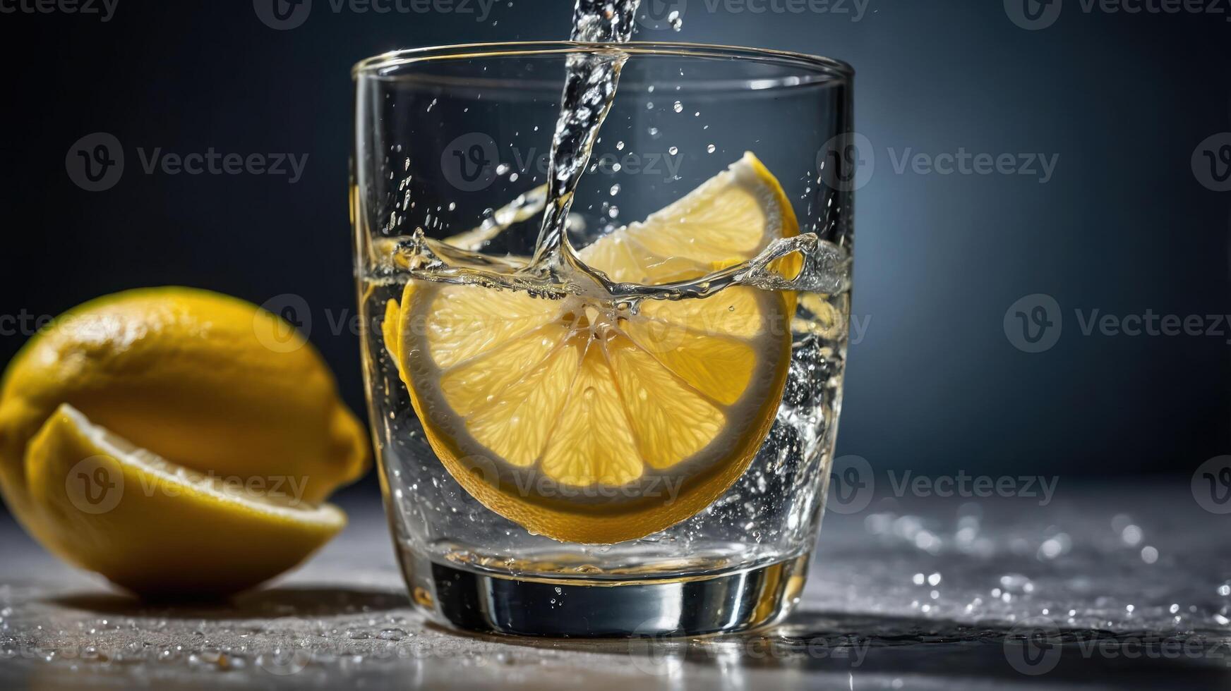 A splash of lemon in a glass of water, highlighting refreshment and zest. photo