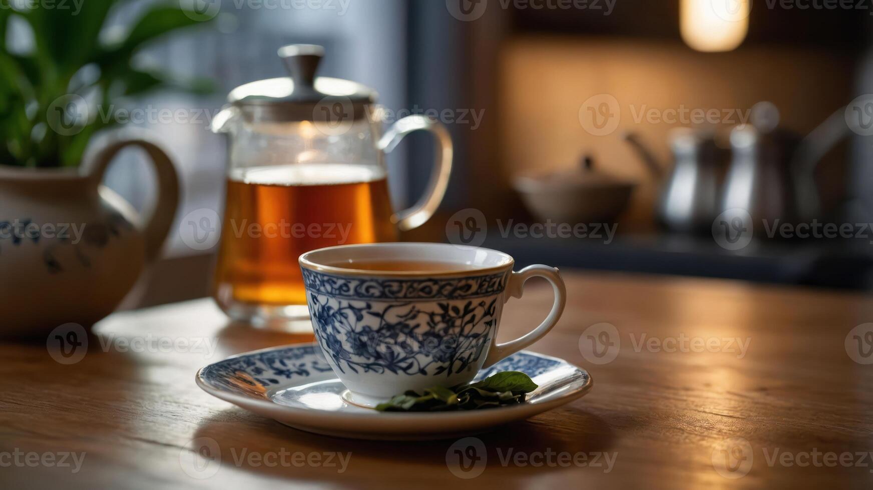 A serene tea setting with a cup, saucer, and teapot, highlighting relaxation and enjoyment. photo