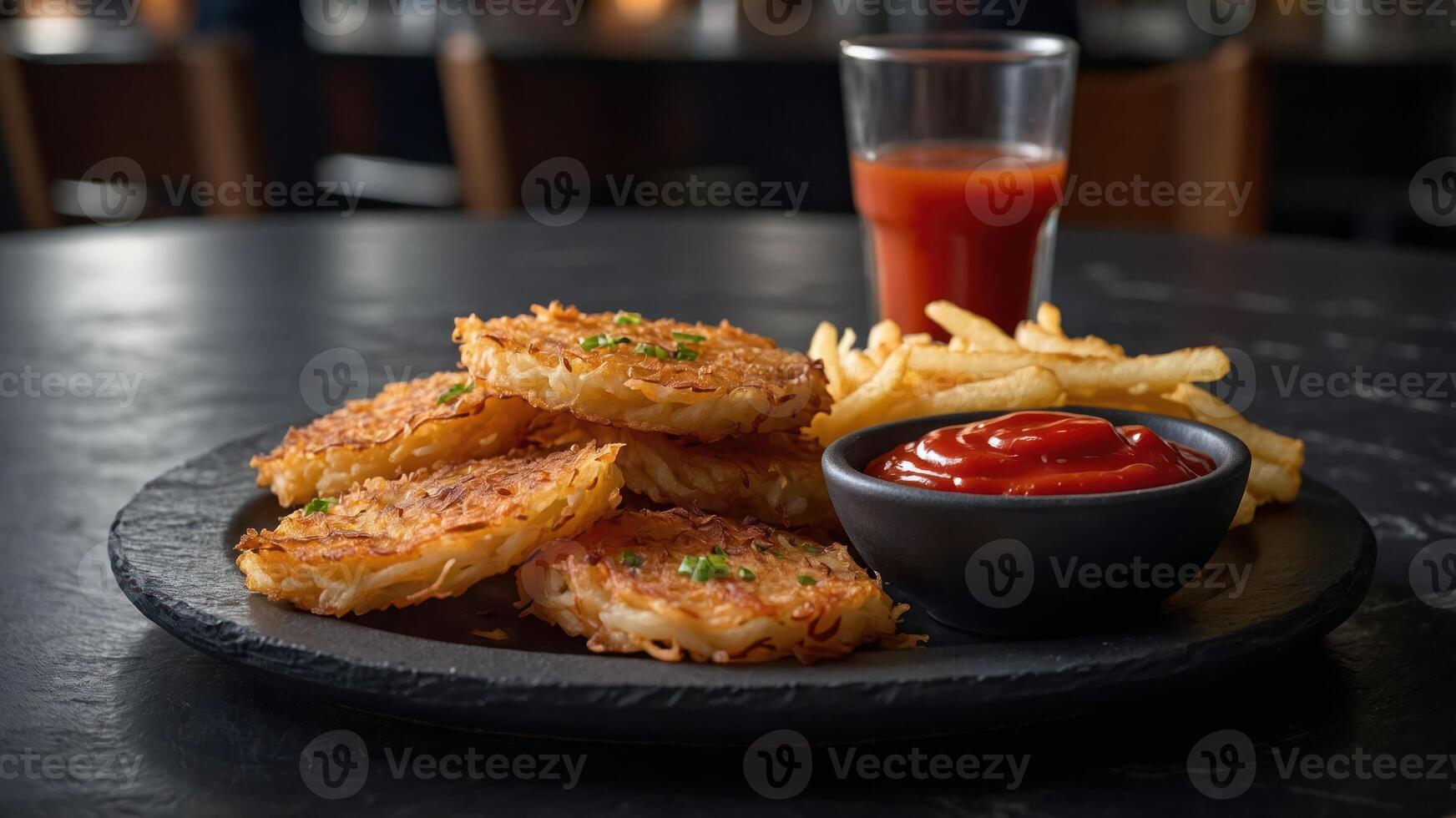 A plate of crispy hash browns, fries, and a glass of tomato juice with ketchup. photo