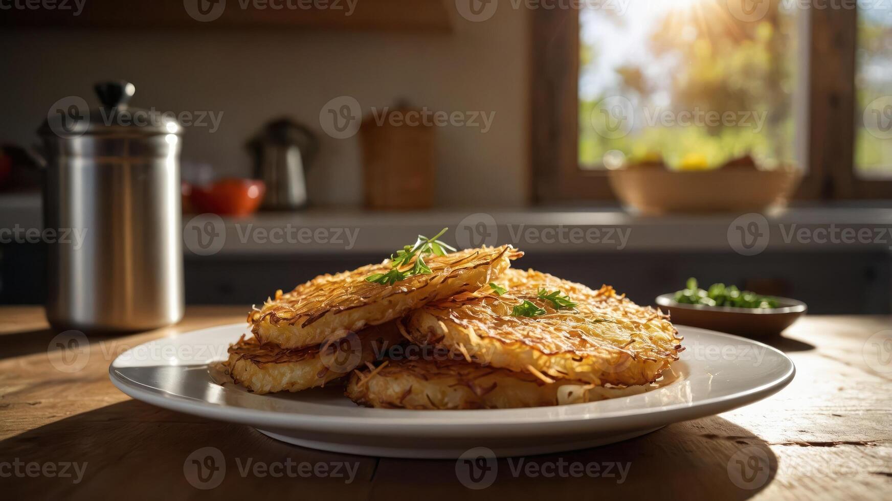 A plate of crispy hash browns garnished with herbs, set in a cozy kitchen. photo