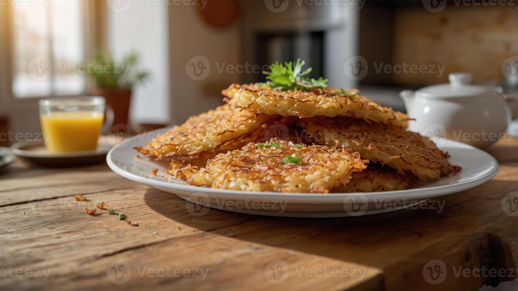A plate of crispy hash browns garnished with parsley, served in a cozy kitchen setting. photo