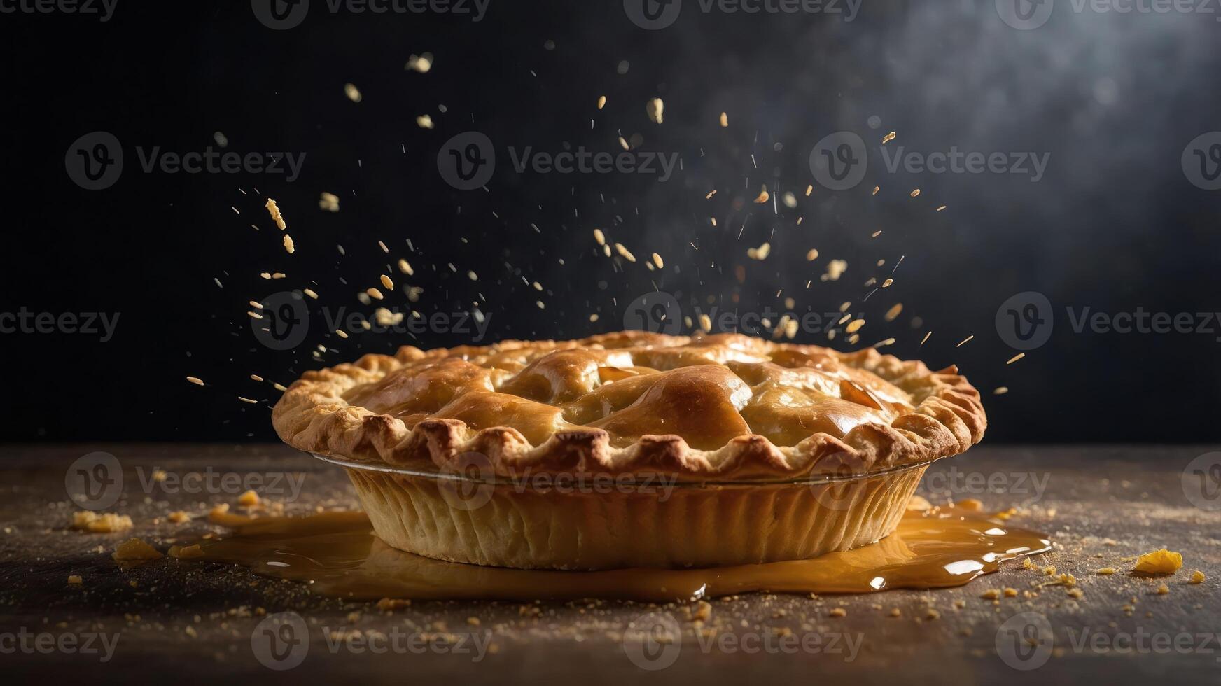 A freshly baked pie with a golden crust, splattered filling, and a rustic wooden background. photo