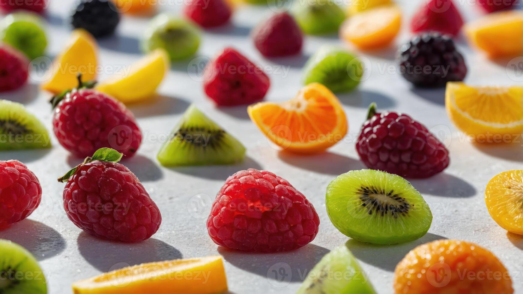 A vibrant arrangement of assorted fruits on a surface, showcasing colors and textures. photo