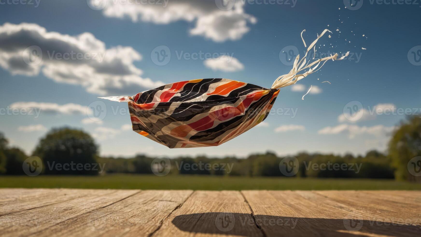 A colorful bag floating in the air against a scenic outdoor backdrop. photo