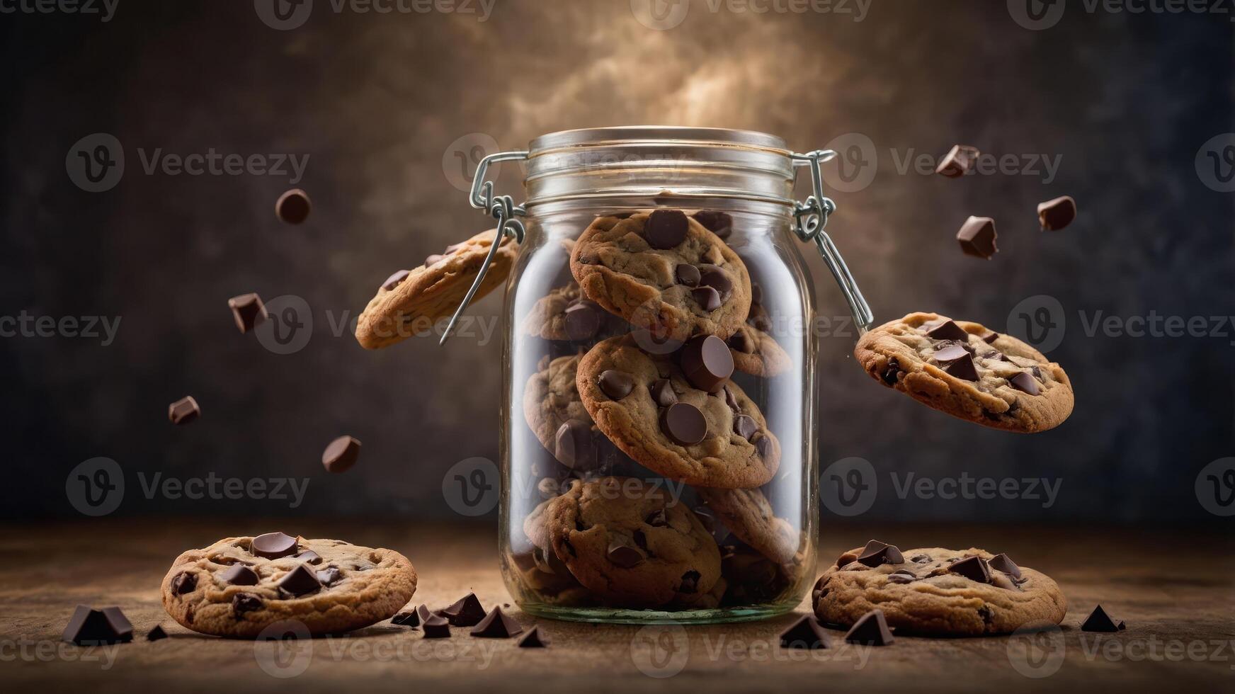 A jar filled with chocolate chip cookies, some floating and others on a wooden surface. photo