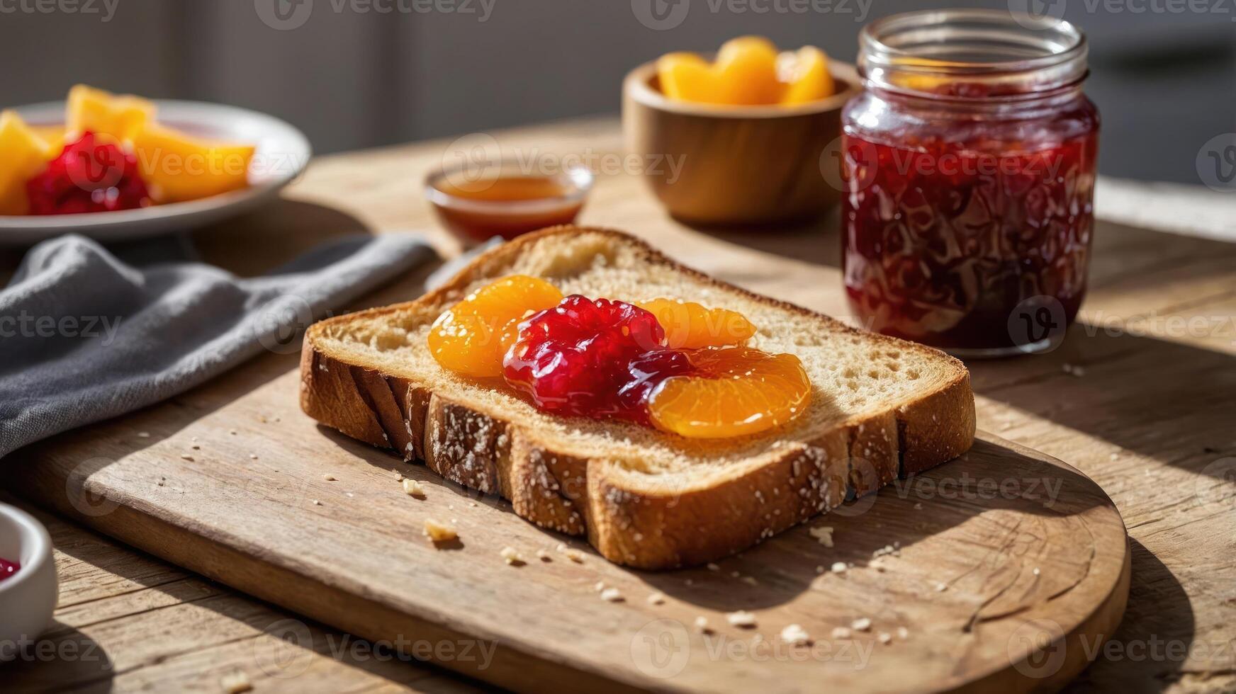 Toast topped with fruit and jam, accompanied by a jar of jam and fruit in a bowl. photo