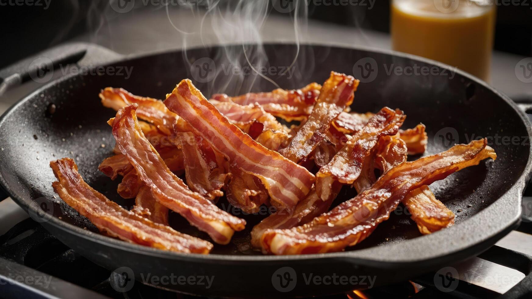 A sizzling pan of crispy bacon cooking, releasing steam and delicious aromas. photo