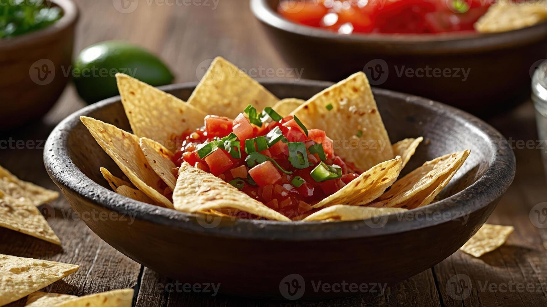 A bowl of tortilla chips served with salsa and garnished with green onions. photo