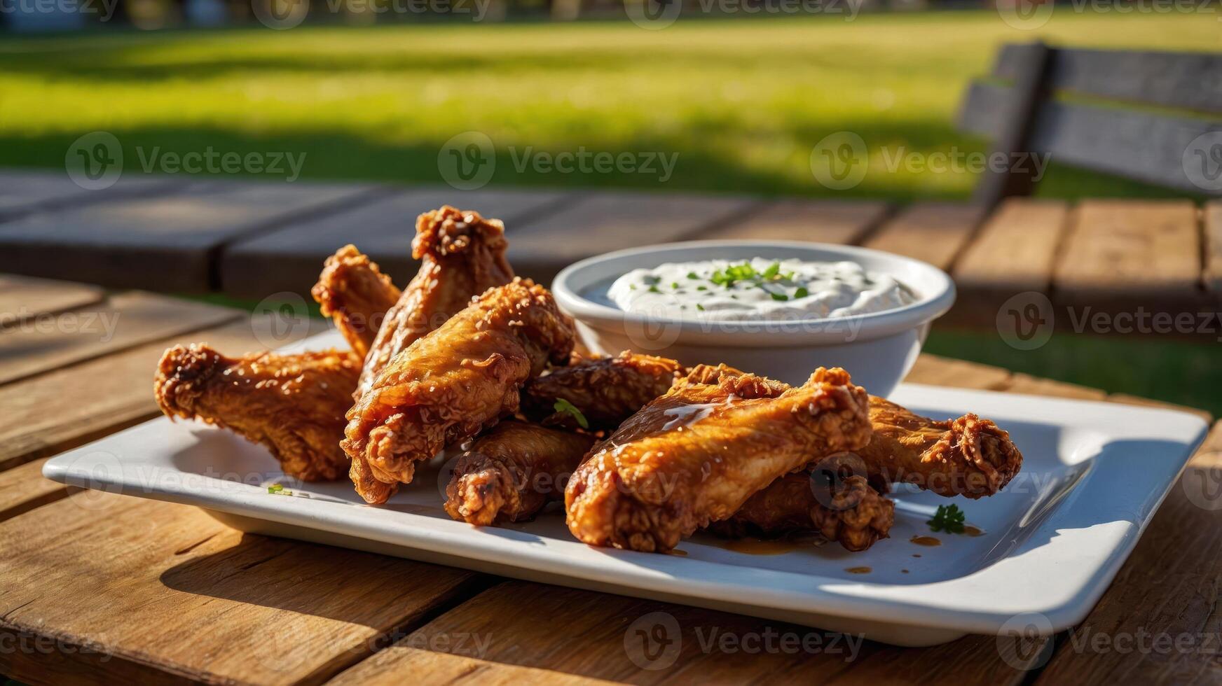A plate of crispy chicken wings served with a creamy dipping sauce. photo