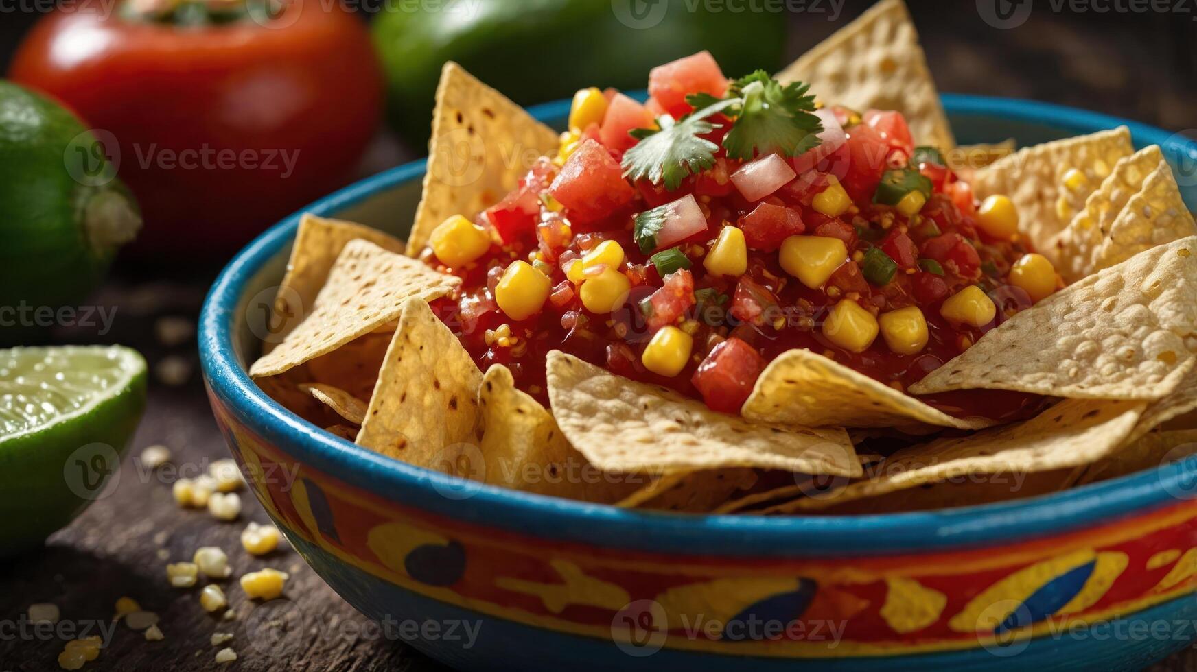 A vibrant bowl of tortilla chips topped with fresh salsa and garnished with cilantro. photo