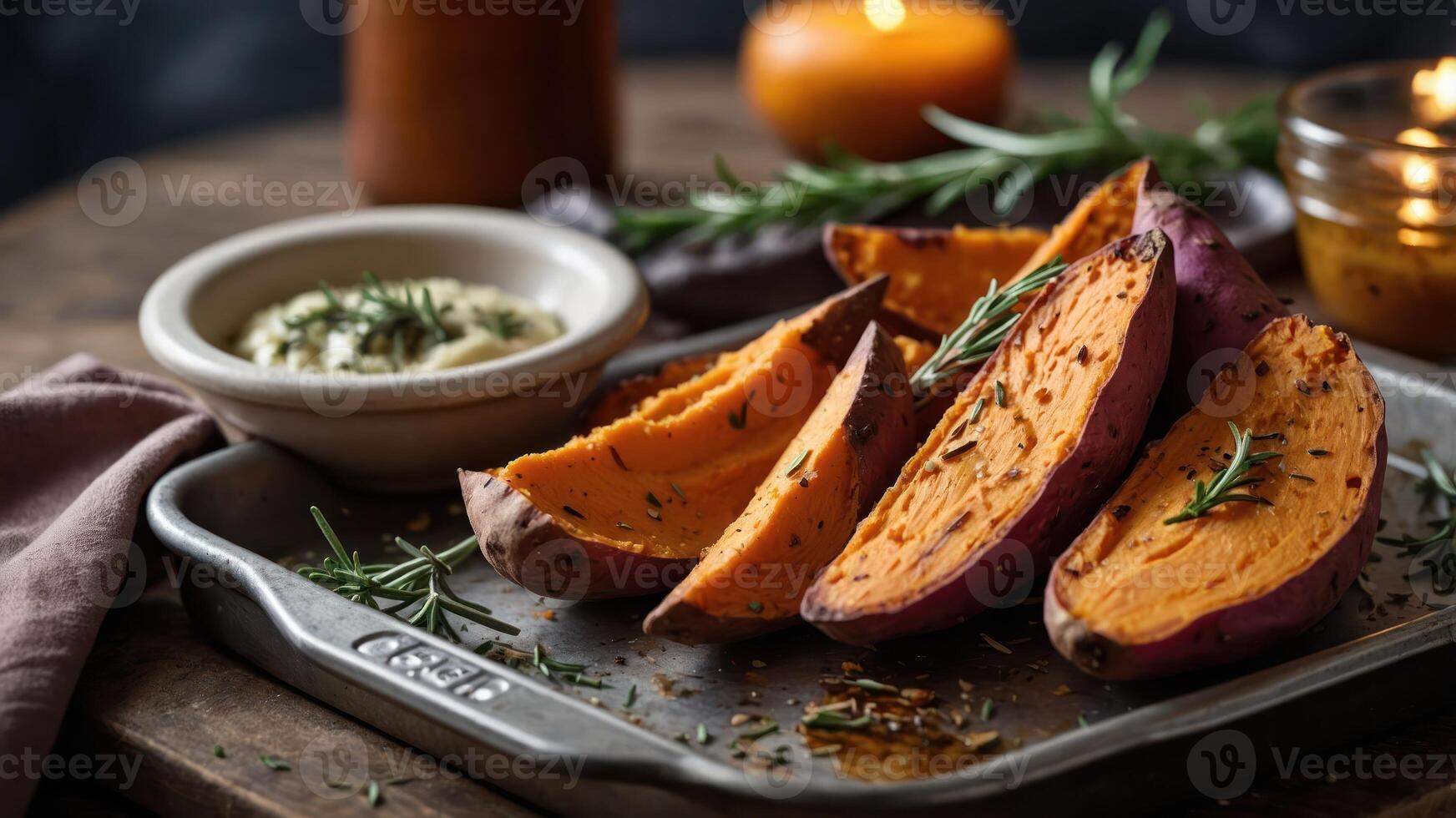 Roasted sweet potatoes arranged on a tray with herbs and a dip, creating a cozy dining scene. photo