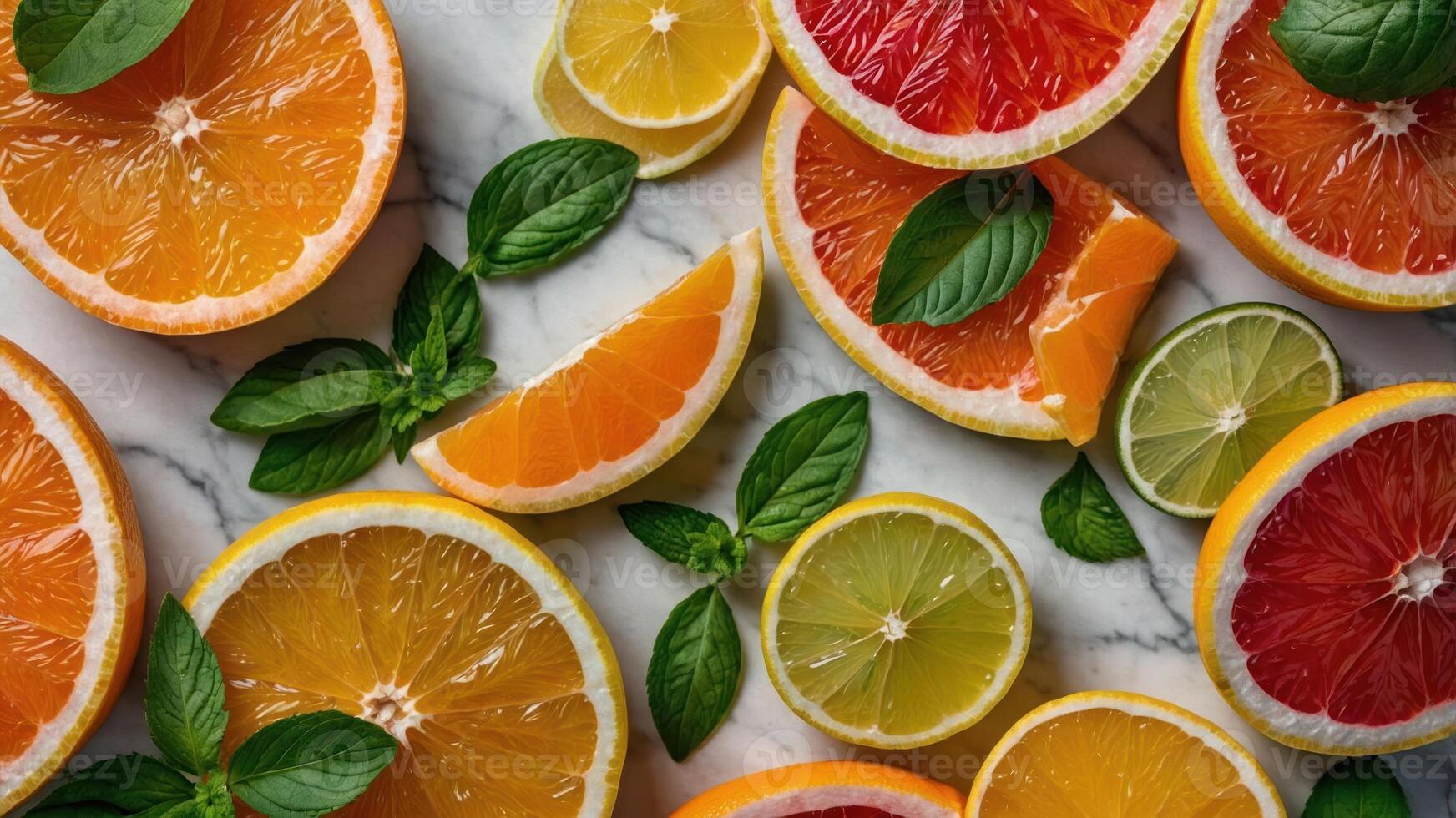A vibrant arrangement of citrus fruits and fresh basil on a marble surface. photo