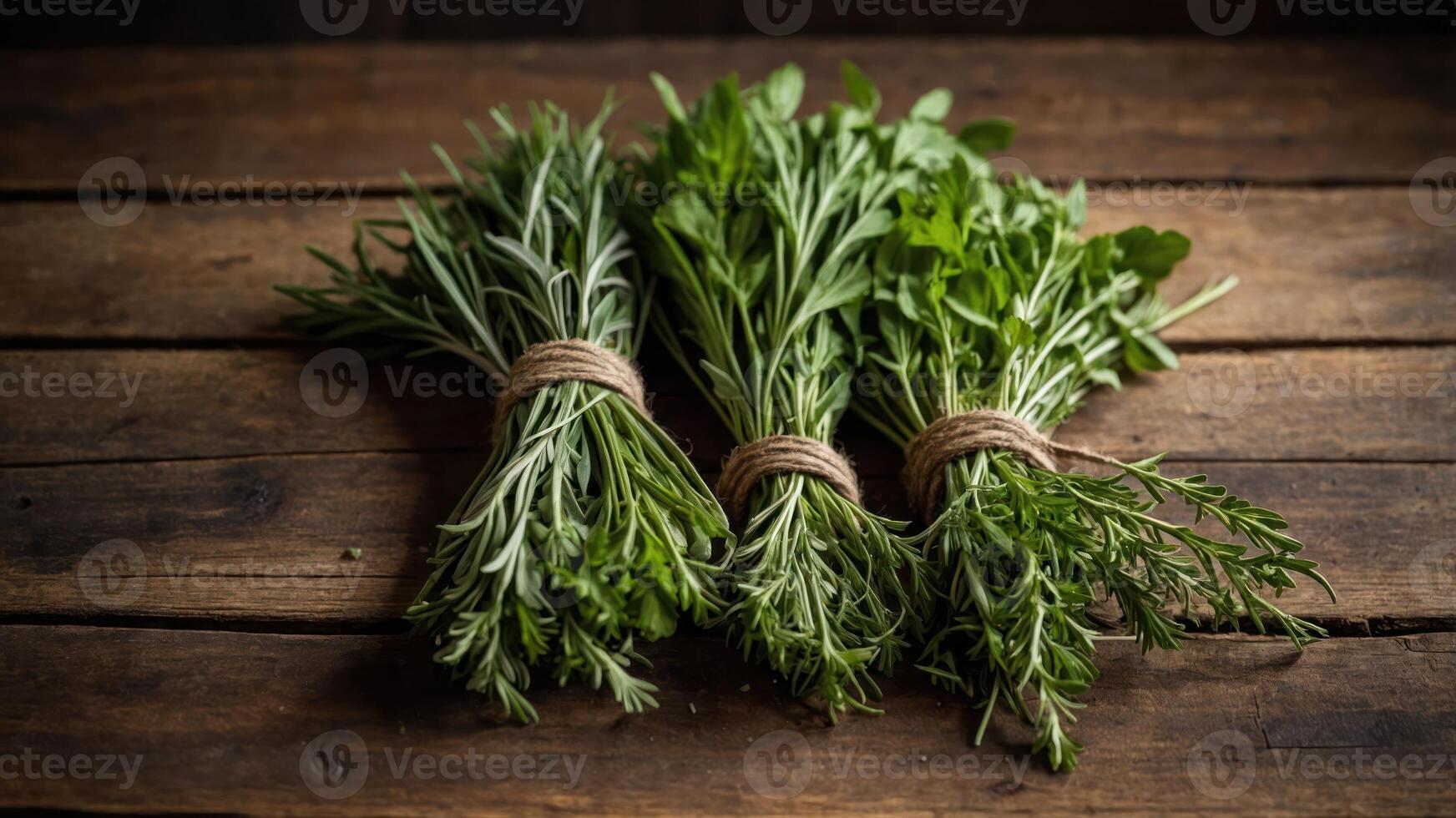 Three bundles of fresh herbs tied with twine on a wooden surface. photo