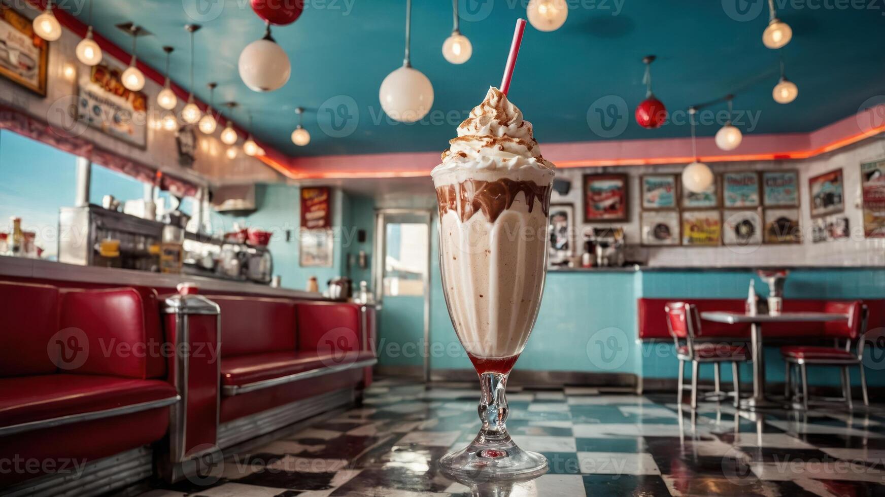 A classic diner scene featuring a tall milkshake with whipped cream and a cherry. photo