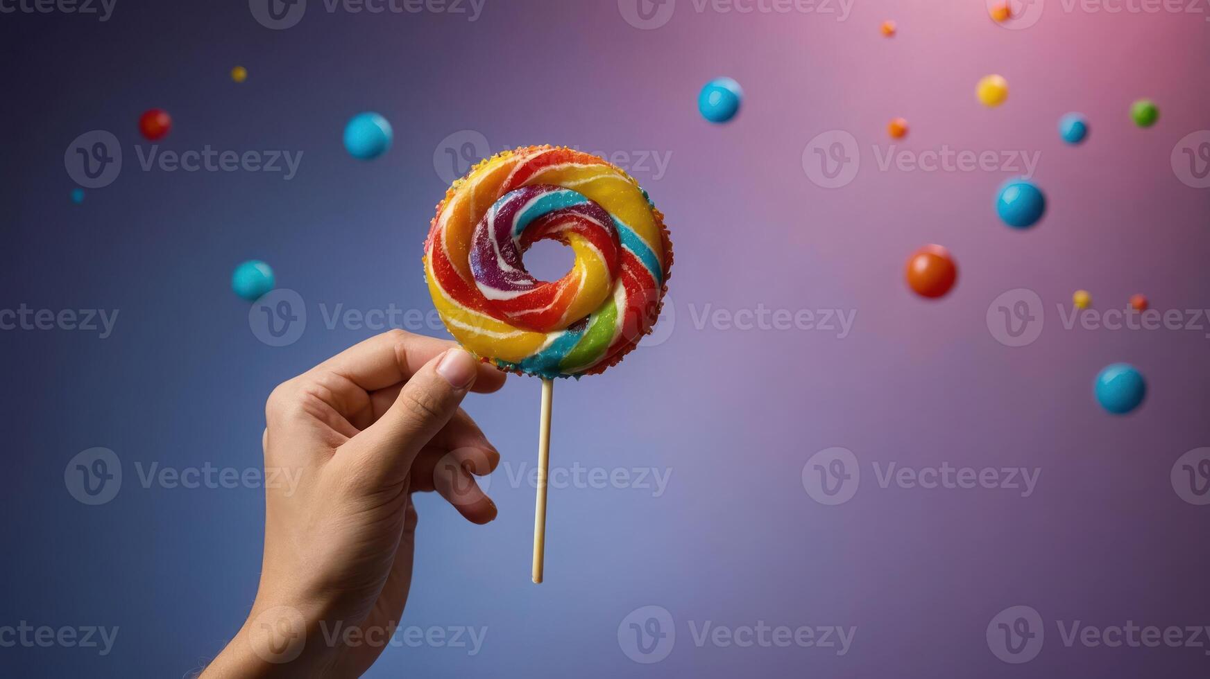 A colorful lollipop held against a vibrant background with floating spheres. photo