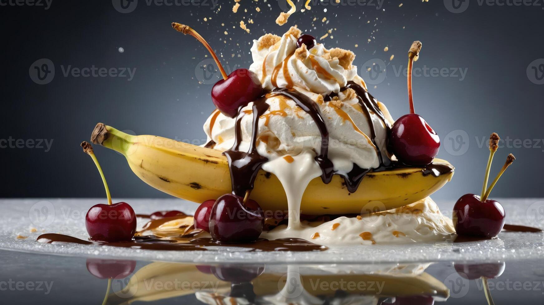 A delicious banana split topped with whipped cream, cherries, and chocolate sauce. photo