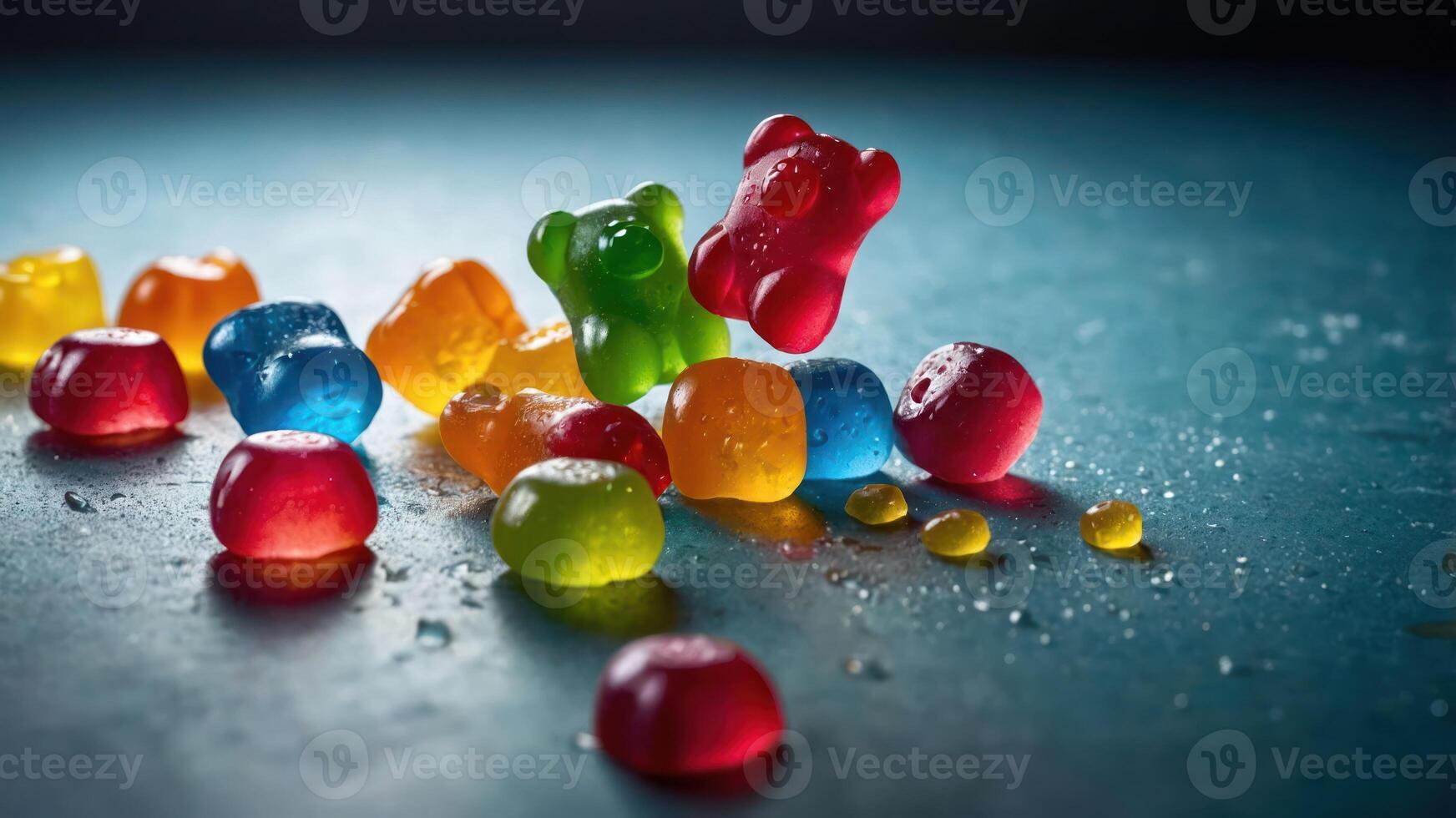 Colorful gummy candies scattered on a surface, showcasing vibrant hues and playful shapes. photo