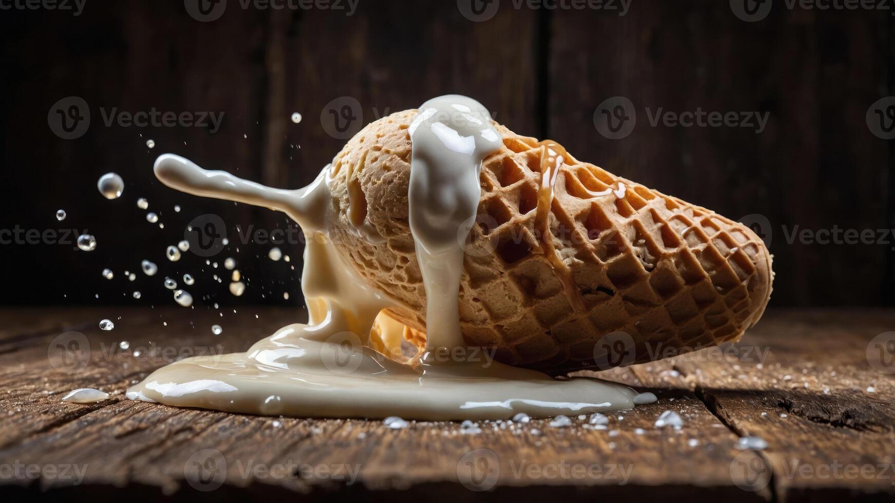 A spilled ice cream cone with melting ice cream on a wooden surface, creating a messy scene. photo