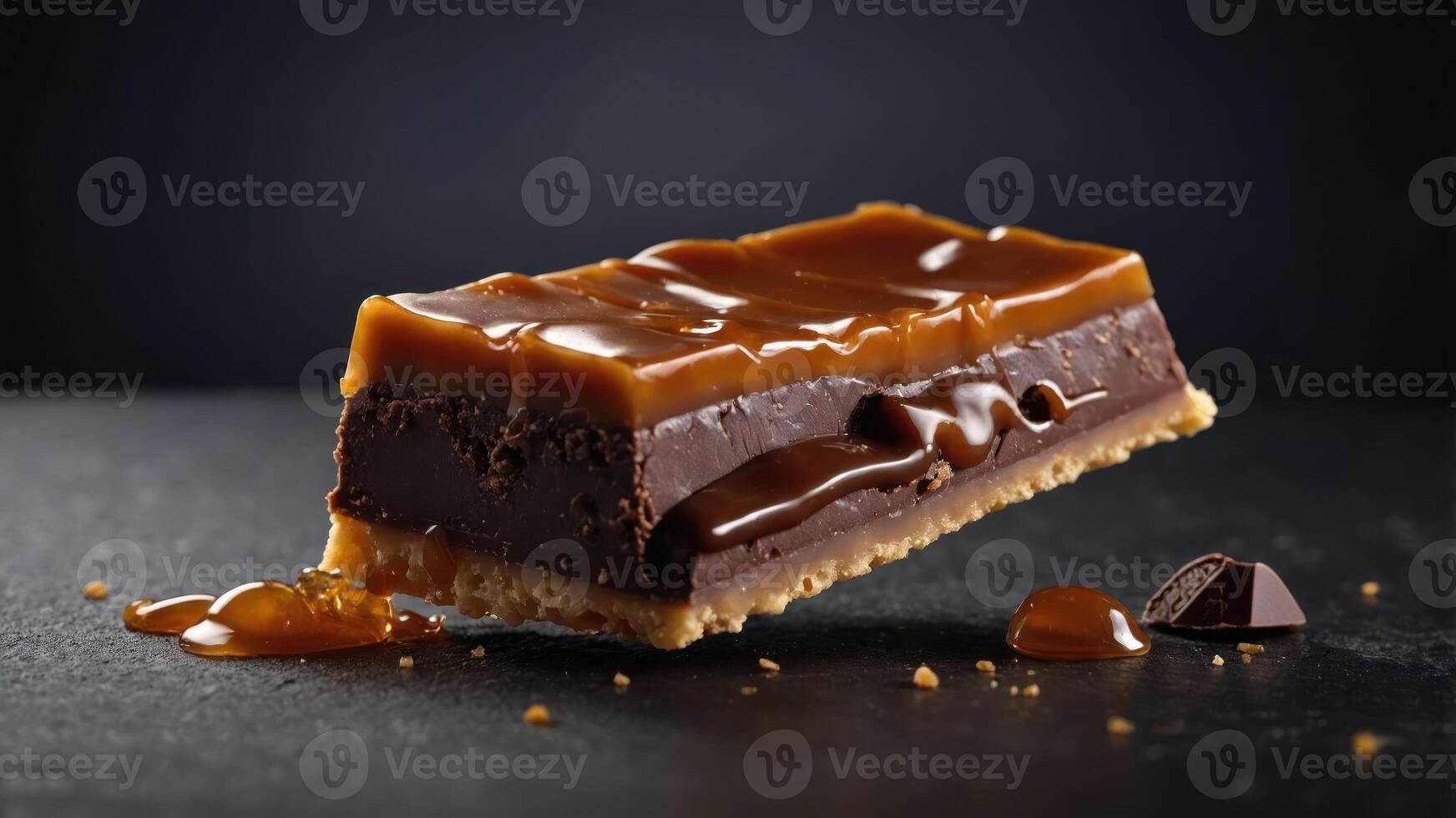 A close-up of a chocolate caramel dessert on a dark background. photo